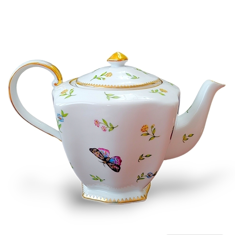 Godinger Primavera Square Teapot Dragonfly Floral Gold Trim Discontinued - Picture 2 of 8